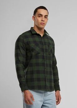 Urban Classics Herren Flanell Hemd Kariert Zwei Brusttaschen Schwarz Forest Grün