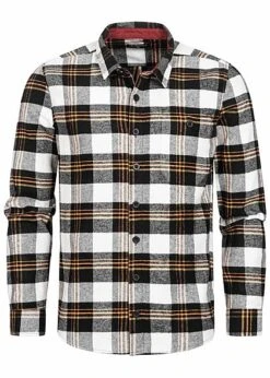 Sublevel Herren Flanell Hemd Karo Muster Brusttasche Off Weiss Schwarz Ecru