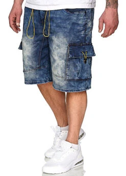 Urban Surface Herren Cargo Bermuda Jeans Shorts 7-Pockets Kontrastkordel Med. Blau Den