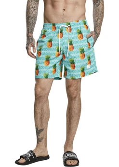 Urban Classics Herren Swim Shorts Tunnelzug Ananas Rauten Muster Pattern Blau