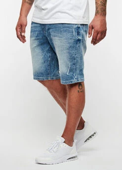 Seventyseven Lifestyle Herren Bermuda Jeans Shorts Destroy Look 5-Pockets Hell Blau Denim