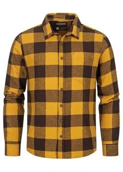 Stitch & Soul Herren Hemd Flanell Karohemd Brusttasche Knopfleiste Braun-oliv Gelb