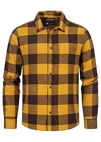 Stitch & Soul Herren Hemd Flanell Karohemd Brusttasche Knopfleiste Braun-oliv Gelb 1 Stitch & Soul Herren Hemd Flanell Karohemd Brusttasche Knopfleiste Braun-oliv Gelb