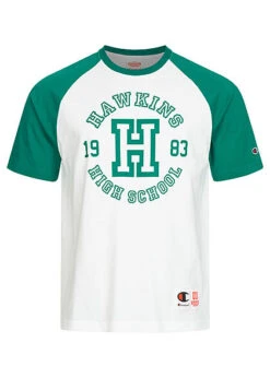 Champion Herren T-Shirt Stranger Things Hawkins Print Und Aufnäher Weiss Grün