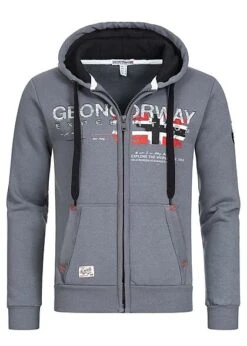 Stilreich Geschäft 17 Geographical Norway Herren Zip-Hoodie Kapuze 2-Pockets Frontstickerrei Dunkel Grau