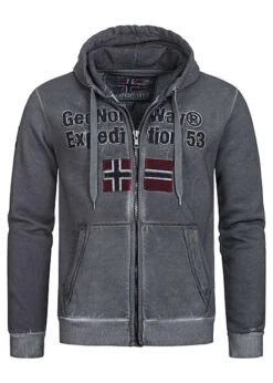 Geographical Norway Herren Zip-Hoodie Kapuze Logo Patch In Used Look Dunkel Grau