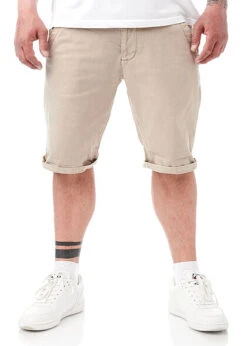 Indicode Herren Bermuda Shorts 4-Pockets Inkl. Gürtel & Beinumschlag Greige Beige