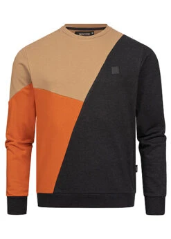 Indicode Herren Colorblock Sweater Mit Brustpatch Cornstalk Braun Schwarz Orange