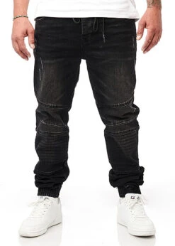 Seventyseven Lifestyle Herren Jeans Hose 4-Pockets Kordelzug Crash-Optik Washed Schwarz