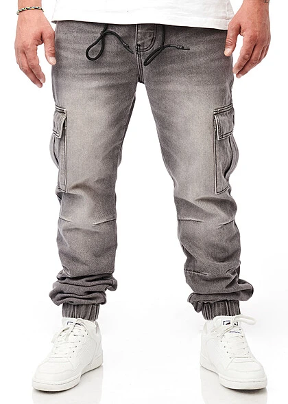 Seventyseven Lifestyle Herren Cargo Jeans Hose 6-Pockets Tunnelzug Grau Denim 2 Seventyseven Lifestyle Herren Cargo Jeans Hose 6-Pockets Tunnelzug Grau Denim – Bild 2