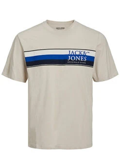 Jack & Jones Jack And Jones Herren T-Shirt Mit Logo Print Und Rundhals Moonbeam Beige Blau