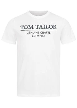 Tom Tailor Herren T-Shirt Mit Rundhals Und Logo Print Weiss Schwarz